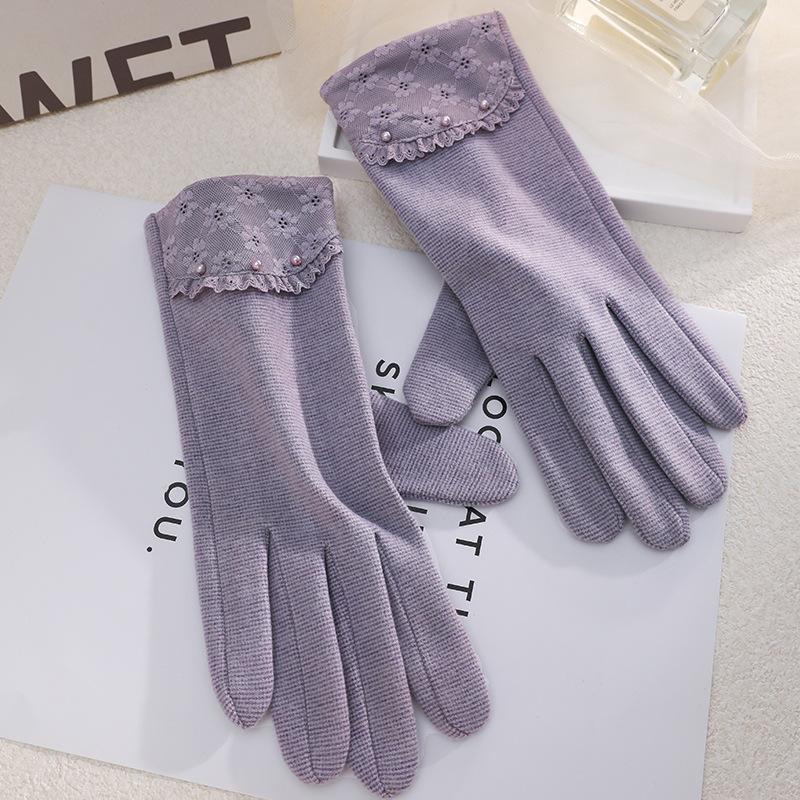 Warm Gloves Single Layer Women's Elegant Lace Houndstooth Outdoor Riding Cold Proof and Wind Proof Touch Screen Autumn and Winter Gloves
