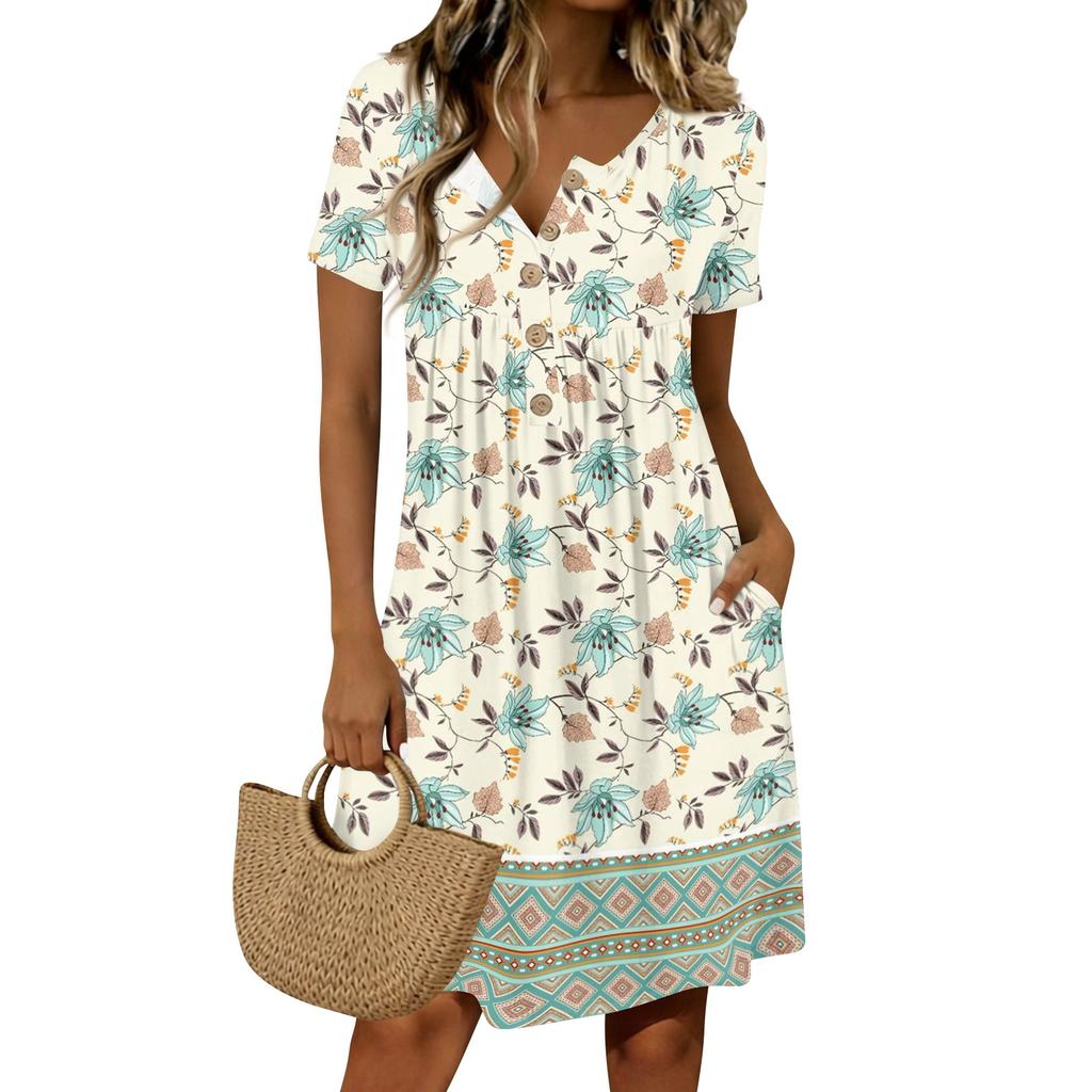 Abito casual da donna alla moda con stampa retrò, girocollo, manica corta, abbottonato