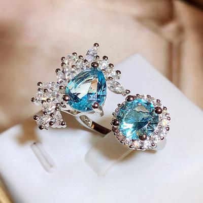 Irregular Simulation Paraiba Round Water Droplet Sea Blue Topaz Opening Adjustable Ring Womens Ring