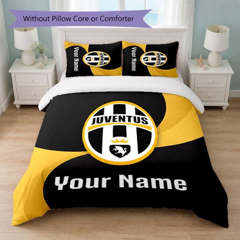 Juventus FC Custom Name Text Bedding Set 1 Duvet Cover+2 Pillowcases Soccer Logo Personalized Gift For Special Occasion Bedroom Decor