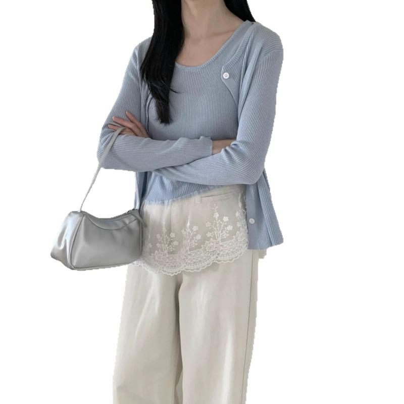Early autumn new sweet lace splicing knitted cardigan women's gentle age-reducing vest sweater two-piece set