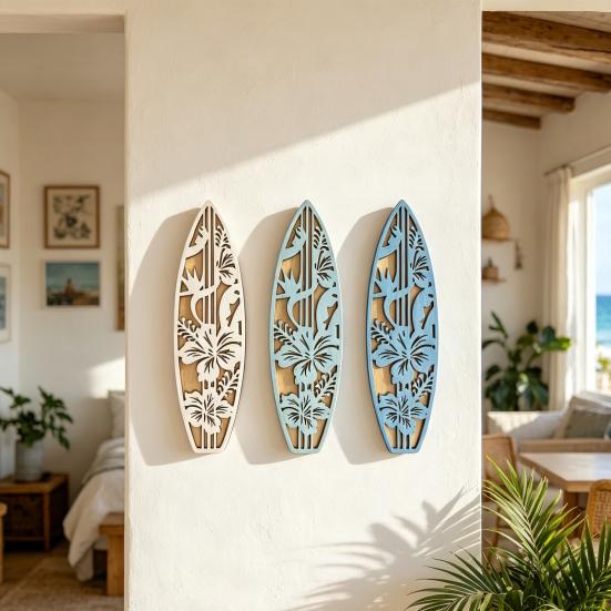 3 Pcs Wooden Surfboard Wall Decor Hollow Flowers Wall Art Beach Ocean Boho Wall Hanging Ornaments for Living Room Bedroom