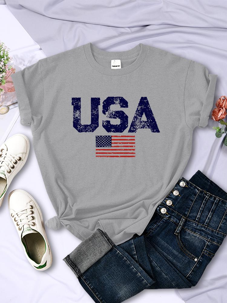

USA Letters American Flag Stars and Stripes Printed Women T-Shirts Street Hip Hop Tee Clothing Summer Breathable Tshirt Female M