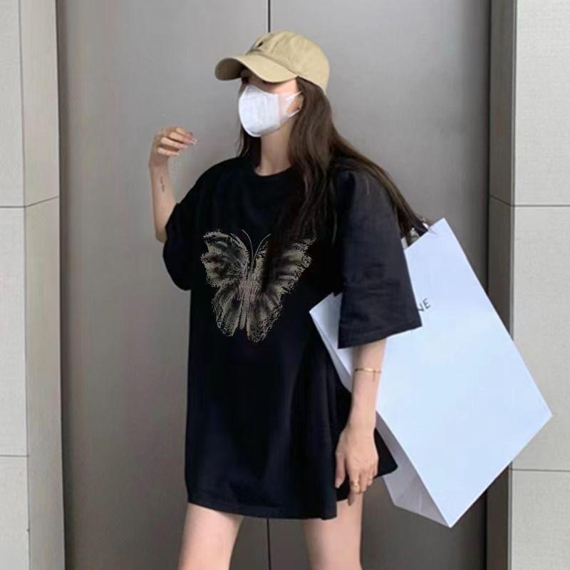 European Short-sleeved Shirt New Summer Medium and Long Loose Lower Body Missing Round Neck Short-sleeved Casual Shirt Women