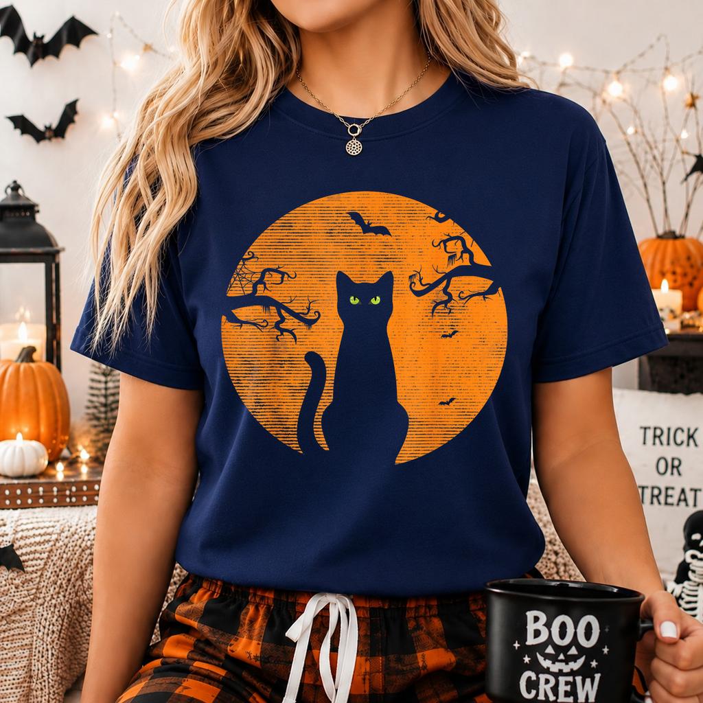 Vintage Scary Christmas Cat Costume Retro Cat Moon Black Cat T-Shirt