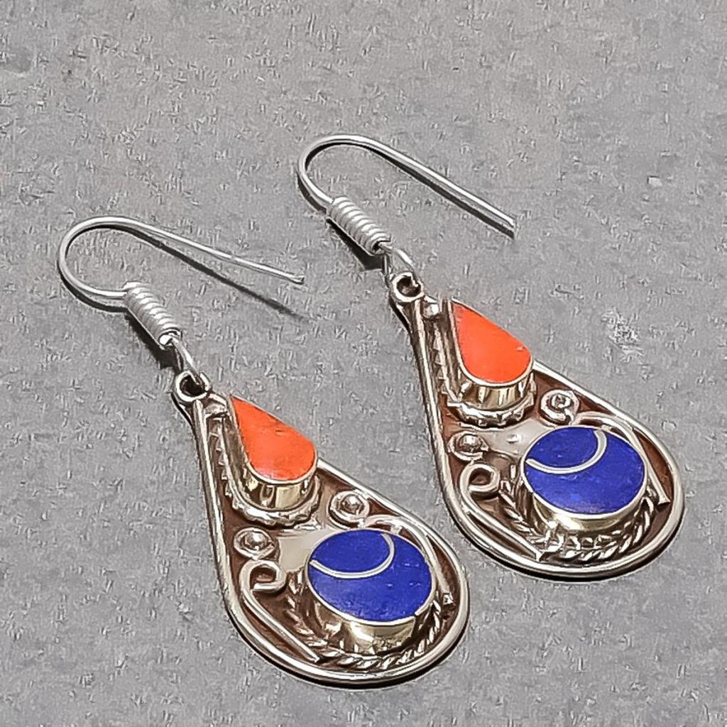 Lapis Lazuli Red Coral Earrings Tibetan Bahamas Gift Nepali Jewelry 2.3" NE 5374