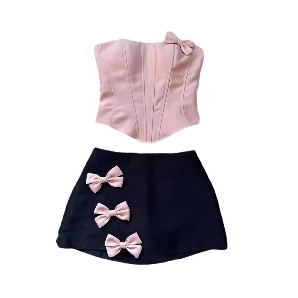 Pink Summer Spicy Girl Bandeau Top & Skirt Set - Chic, Versatile Women's Clothing Trend