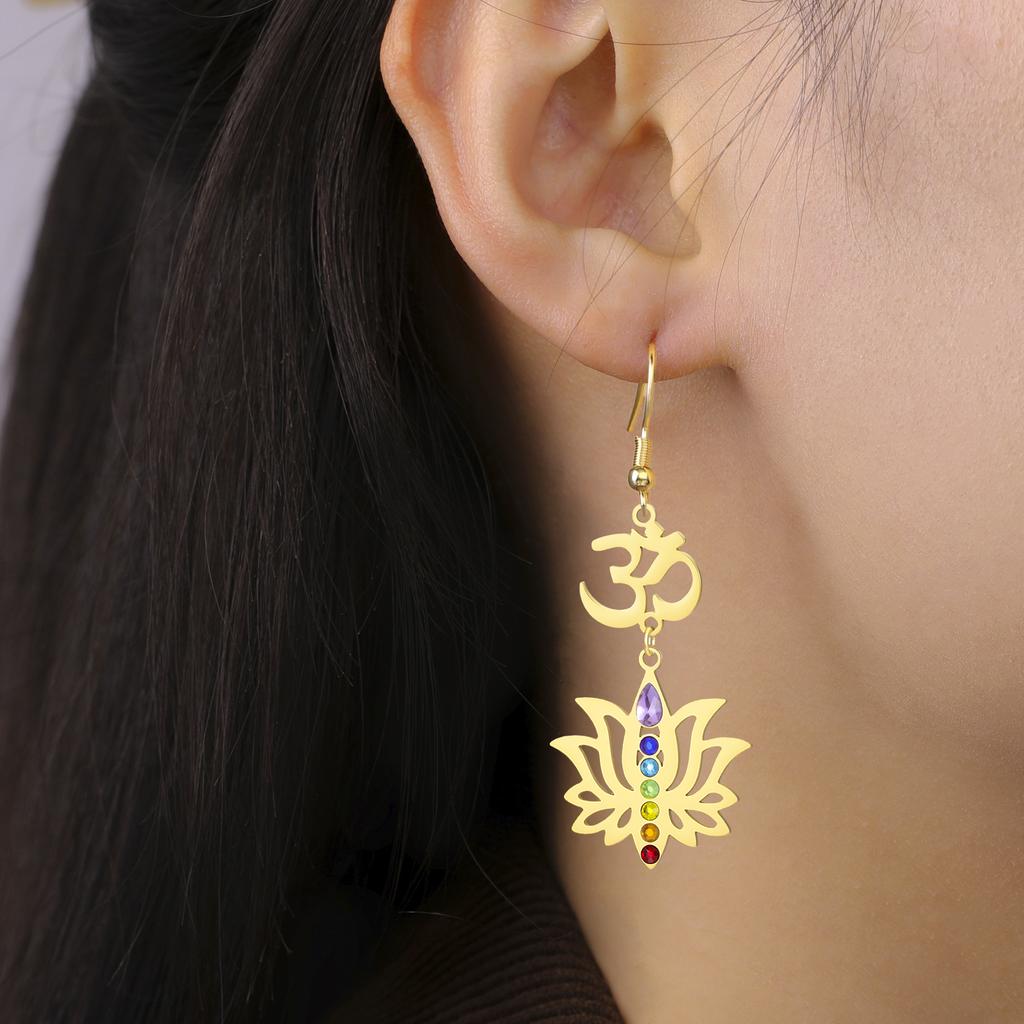 Cazador Lotus Flower Om Symbol Drop Earrings for Women Stainless Steel 7 Chakra Yoga Meditation Jewelry Earrings Amulet Gift