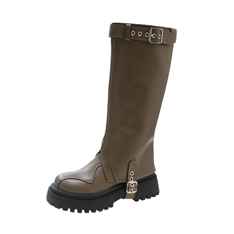 Women Knee High Boots  Autumn and Winter , New British Style Thick Soled Double Leg Boots with Belt Buckles and High Boots