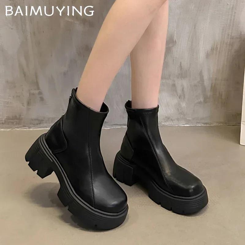 Plataforma Botines de Tobillo para Mujer Tacones Medios Gruesos Cuero Zapatos de Moda Tendencia 2025 Invierno Clásico Bomba Gótica Motocicleta Botas De Mujer