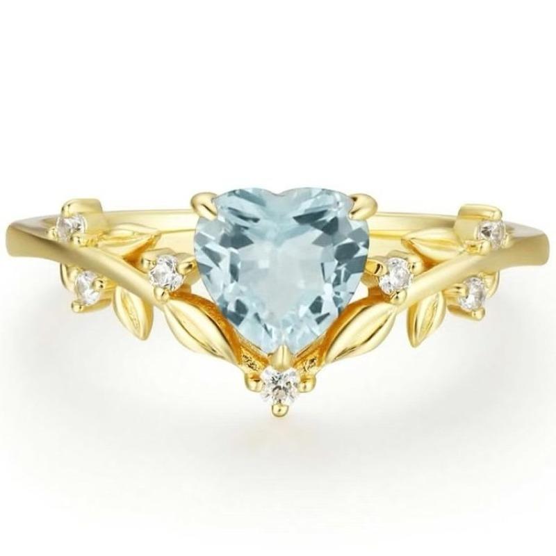 New Copper Zircon Ring, Heart-shaped Lake Blue Branch Cross Jewelry Valentine's Day Gift.