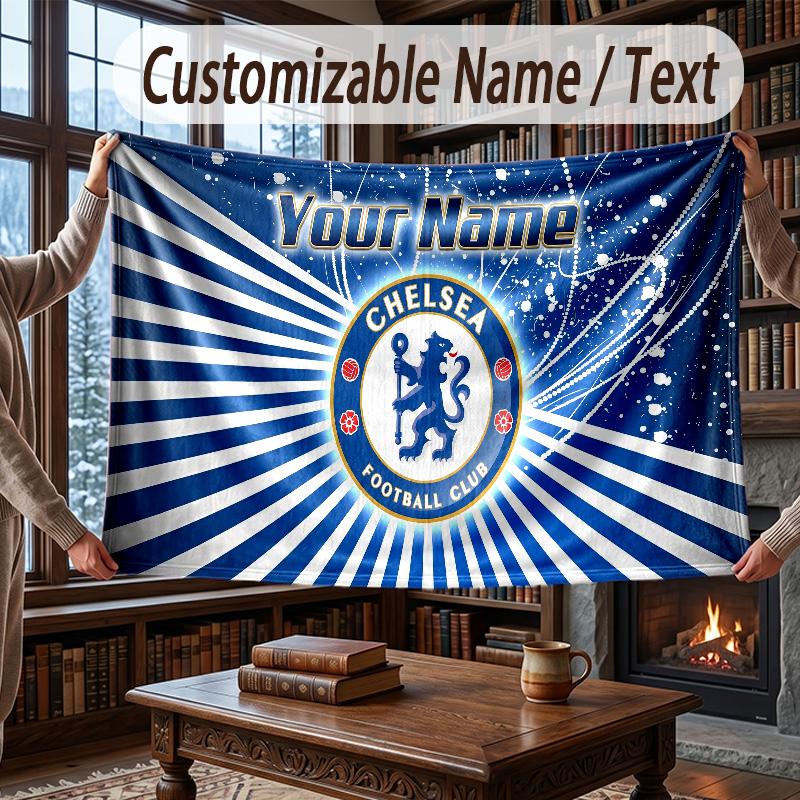 Custom Name Flannel Throw Blanket Chelsea FC Pattern Warm Home Decoration