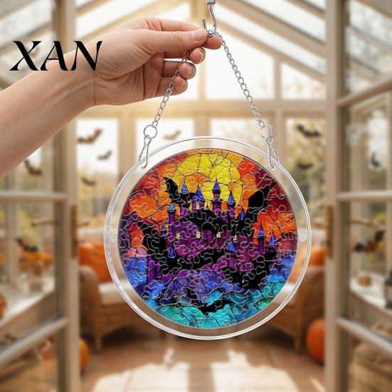 Window Hanging Decoration Halloween Scary Bat Pumpkin Acrylic Jigsaw Puzzle Suncatcher, Stained Glass Style Stainless Steel Chain Hanger Decor