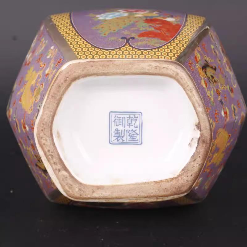 26cm/Jingdezhen Ceramic Hexagonal Vase Antique Enamel Porcelain Antique Entrance Vase