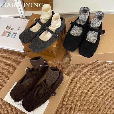 Square Toe Women Shallow Flats Mary Janes Shoes Suede Buckle Designer Shoes 2025 Trend Elegant Dress Fad Winter Mujer Zapatillas