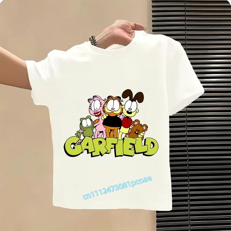 Garfield's new children's pure polyester short-sleeved boys' sports shirt, girls' casual top with cartoon print, summer T-shirt