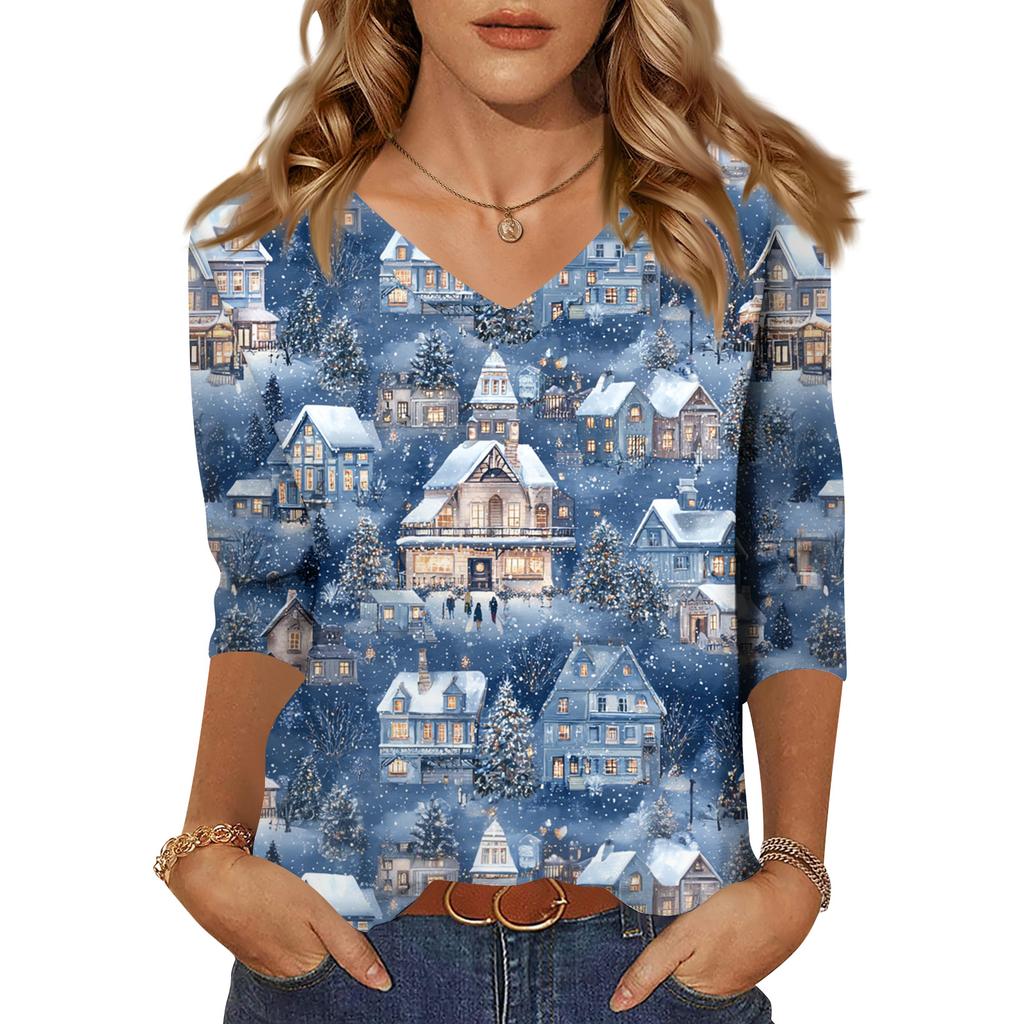 Women's Tops Three-quarter Sleeve Shirt V-neck Loose Casual Shirt Print T-shirt