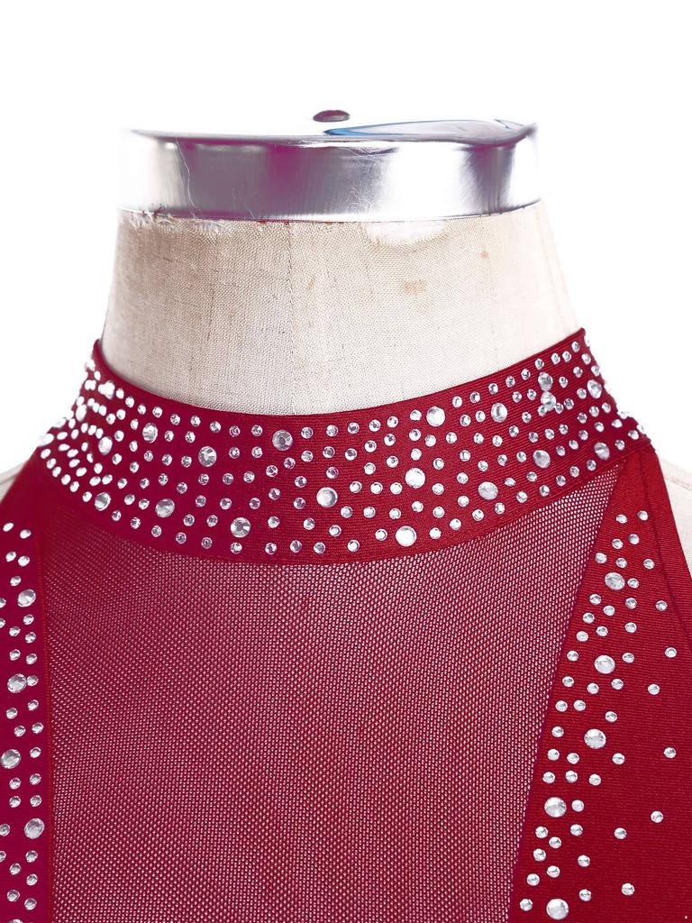 Damen Latein Tanz Trikot Ärmellos Transparentes Mesh Patchwork Glänzende Strasssteine Fransen Body Tango Kostüm