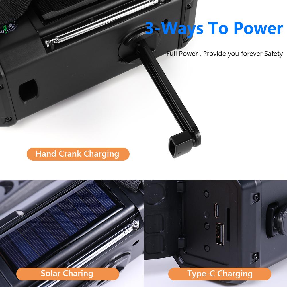 Solar Powered Emergency Radio SOS Alarm Type-C Charging Emergency Power Bank with LED Flashlight Reading Lamp for Camping Radio