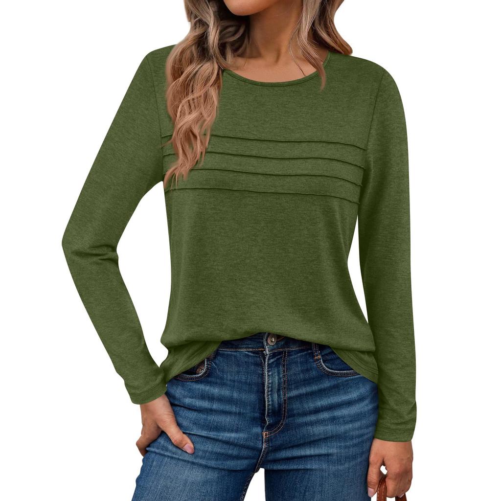 Long Sleeve Shirts For Women Pleated Solid Color Casual Blouses Fashion Basic Round Tops