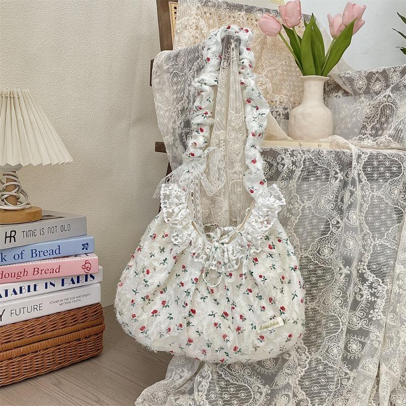 Floral Pleated Shoulder Strap Lace Bow Literary Rose Handbag Commuter Underarm Bag Messenger Bag
