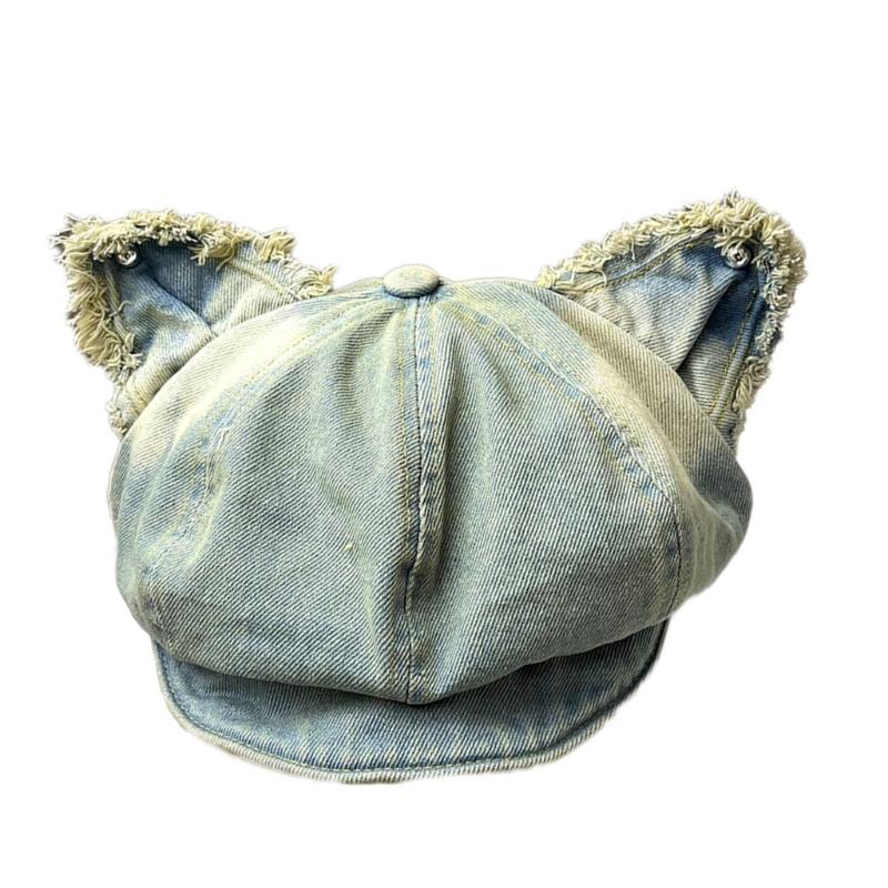 

Элегантная хлопковая восьмиугольная шляпа с милым рисунком кошачьих ушек и гибким ободком для женщин и девочек, для использования на улице светло-синий