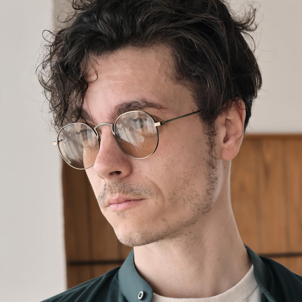 Gold Matte x Light Brown Fashion Boston Colored Slim [FashionBerry] 4. Sunglasses, Glasses, Style, Metal, Lenses, Unisex, Stylish, Fit, Lightweight,