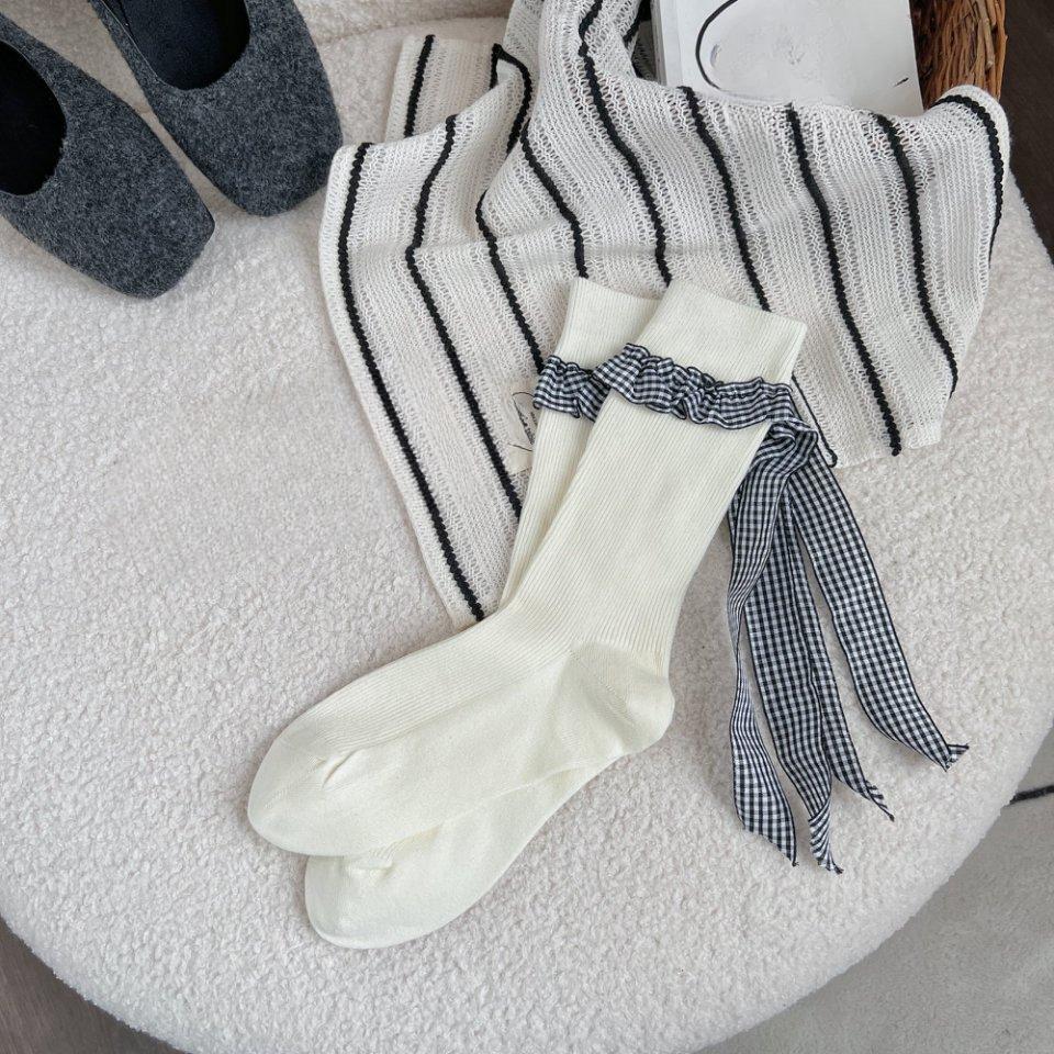 Double-needle Ballet-style Grey Lace Socks Women's Spring and Autumn Mid-length Heel Bow Pile Socks