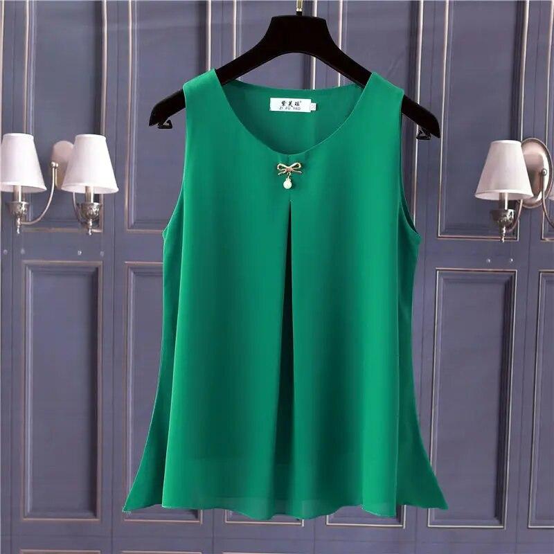 Women Chiffon Shirt Summer Sleeveless O-neck Blouse Casual Solid White/Red Loose Oversized Female Tops