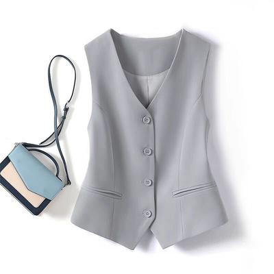 Women's Suit Waistcoat Solid Color Slim Fit Commuting Style Vest Jacket V-neck Pocket Decoration Short Ladies Top