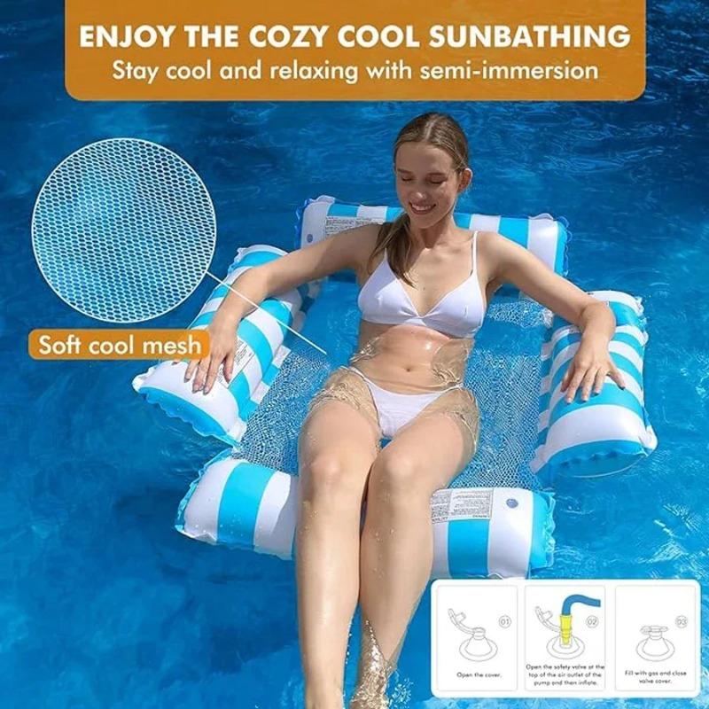 4-in-1 Water Hammock Recliner, Inflatable Floating Lounge for Pool Beach, Pool Party Air Mattress, Cooling Mesh Seat