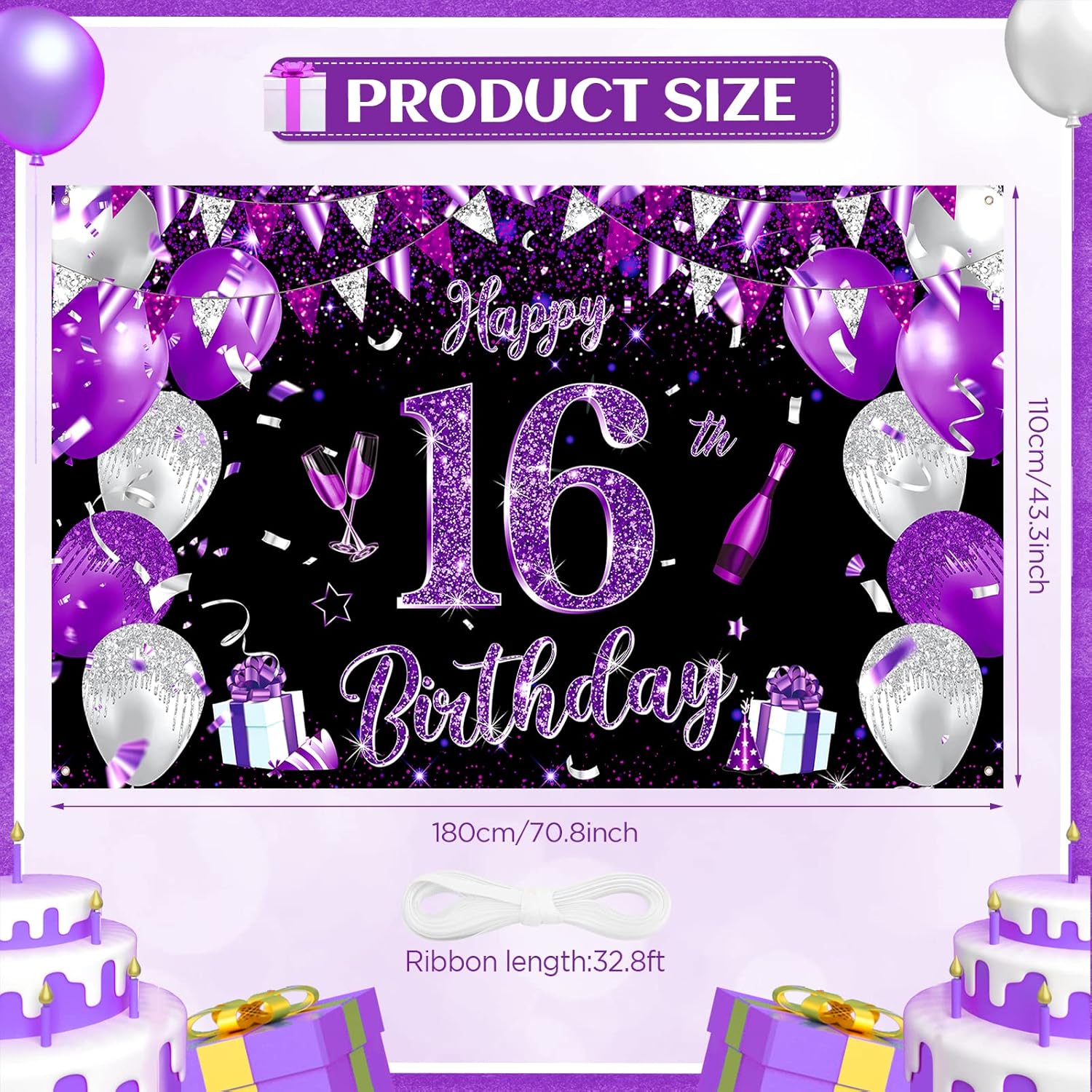 Large Happy 16th Birthday Banner - Silver, Black & Purple Decoration for Girls  16th Birthday Party Supplies