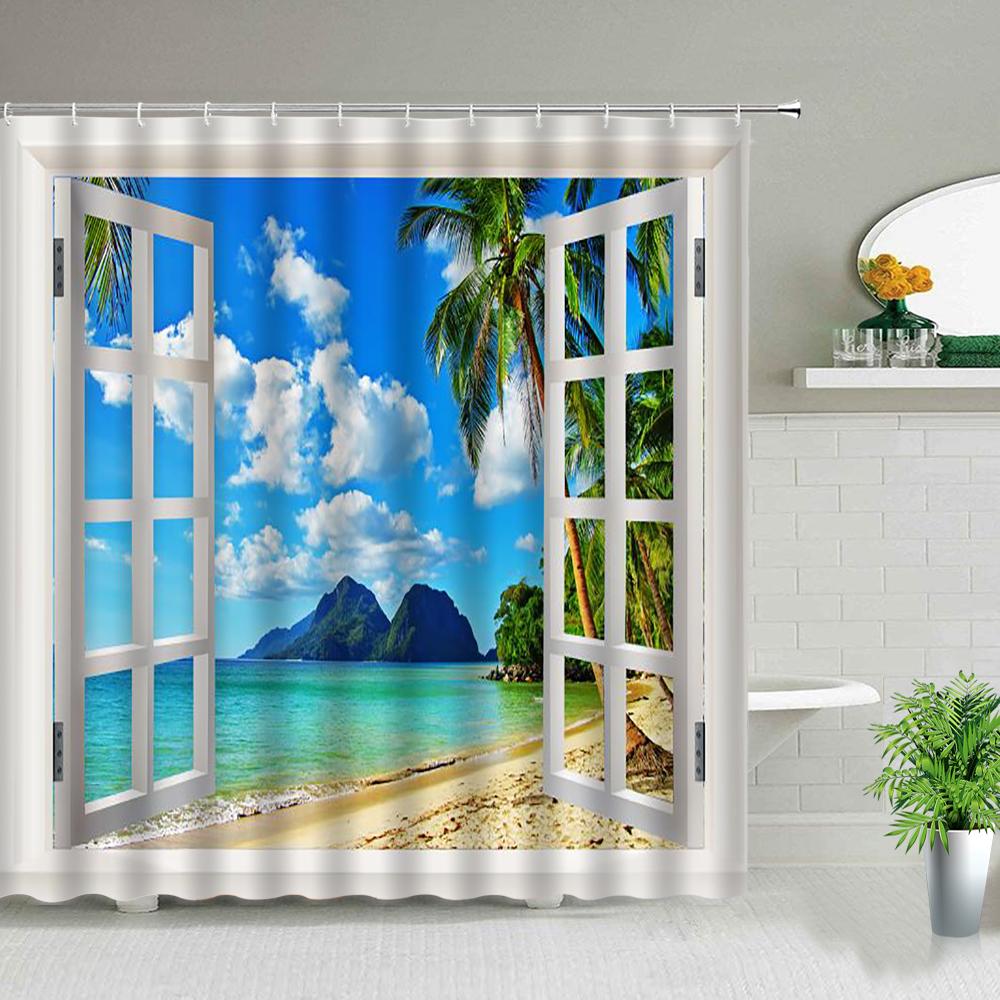 

Окно Снаружи Лес Мост Весенний Пейзаж Креативность Шторка для Душа Дзен Камень Дерево Здание Пейзаж Тканевые Шторы С Крючком 47x70in-120x180cm