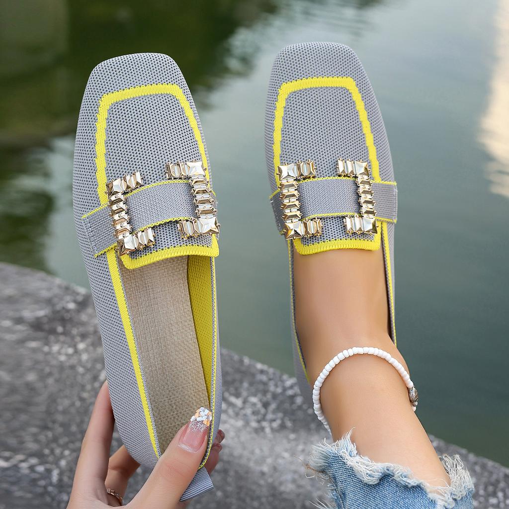 Fashion Women's Flats Square Toe Knitted Flat Breathable Fashion Loafers Slip on Lightweight Sneakers Women Luxury Designer Shoes