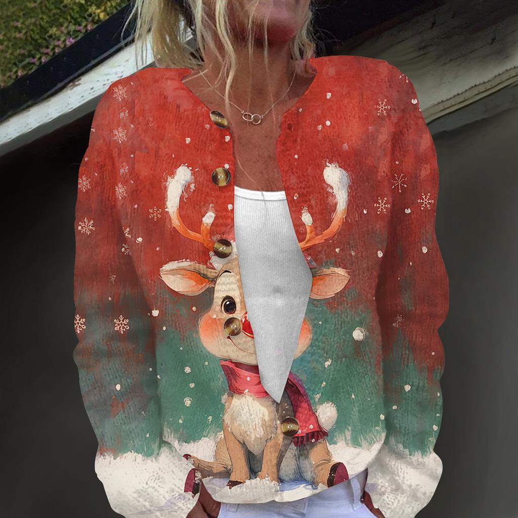 Damenmode, weihnachtlich bedruckt, langärmelig, Strickjacke, Button-Down-Jacke