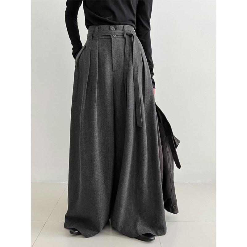 

Johnature Casual Wide-leg Tie Straight Pants For Women Autumn Woolen Korean Loose Comfortable Long Pants L сірий колір
