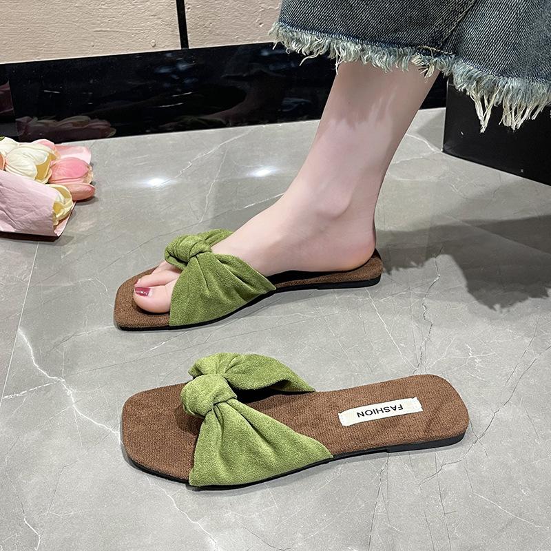 Suede Cool Slippers Women's Summer New Outer Wear Fairy Wind Square Head Flat Bottom One-word Drag Beach Slippers Large Size Women's Shoes