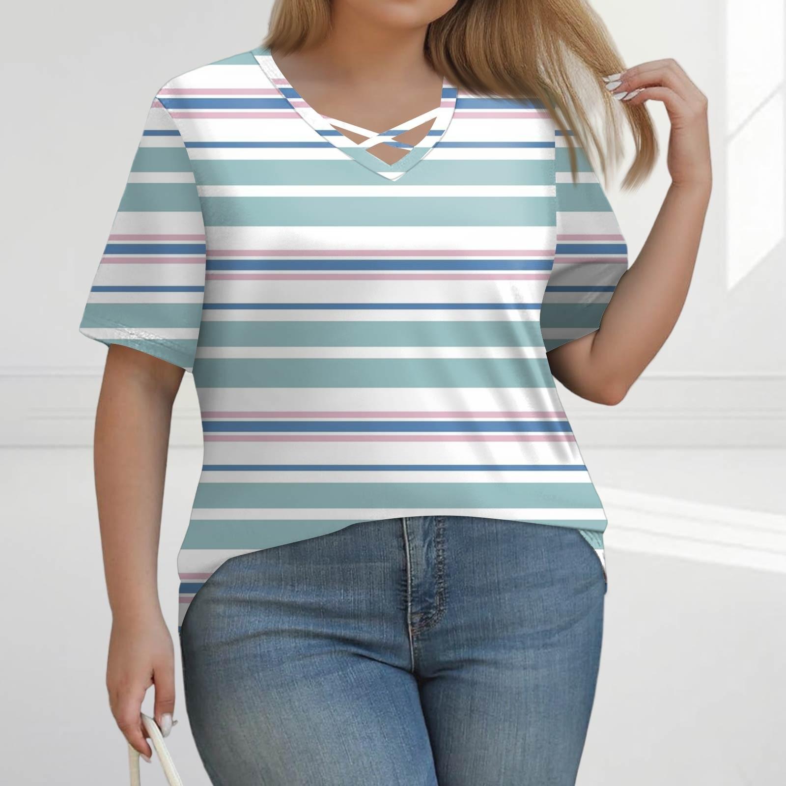 

Женская модная повседневная однотонная полосатая футболка с V-образным вырезом и коротким рукавом большого размера XL небесно-голубой
