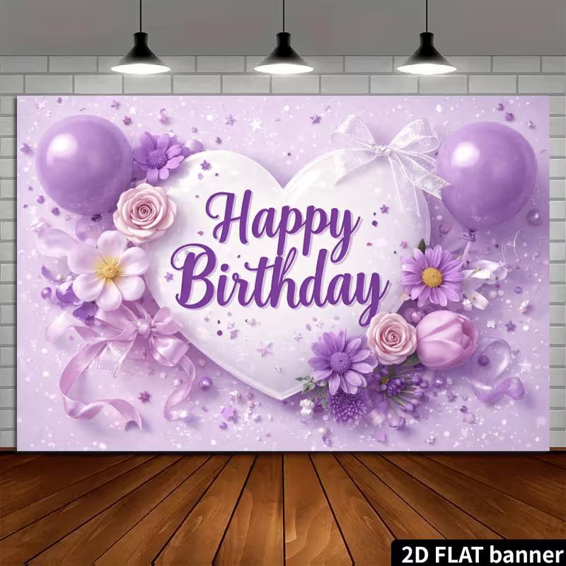 Sfondo 2D Buon Compleanno Cuore Viola Palloncini Floreali e Fiocco Sfondo Fotografico