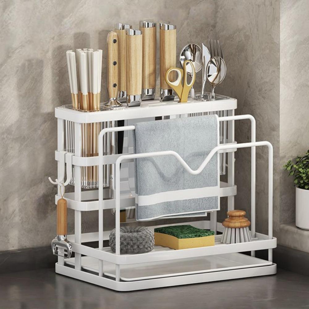 Carbon Steel Kitchen Countertop Organizer With Drainage Tray WIth Chopstick Cage Kitchen Stand Holder Wall Mounted/Countertop