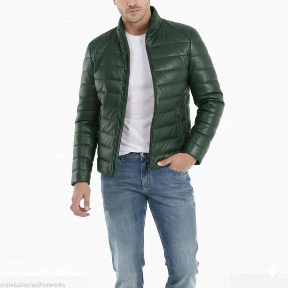 

Jacket Green Handmade Leather Motorcycle Stylish Casual Men s Real Soft Lambskin Biker Classic 3XL зелений