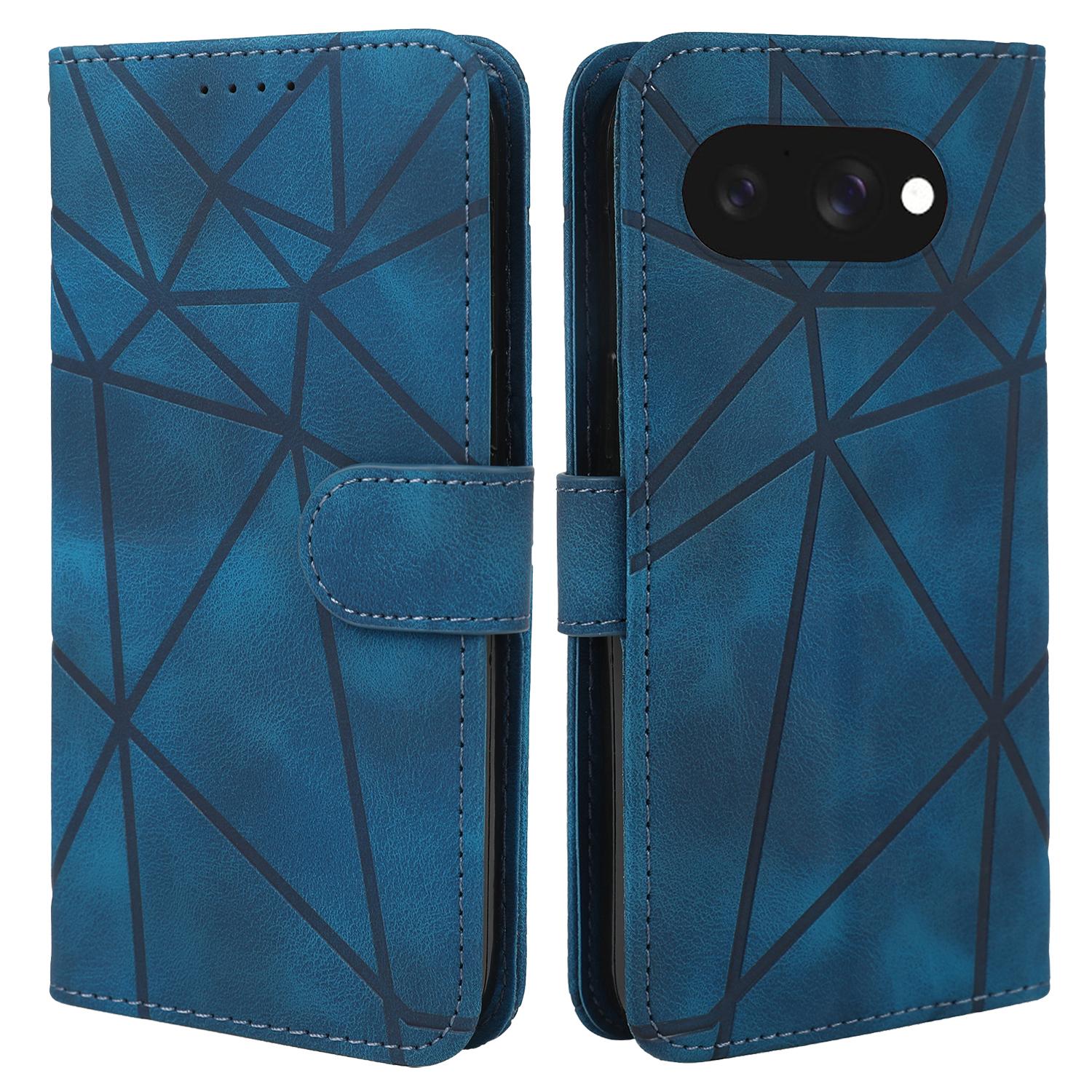 

For Google Pixel 9a Stand Case Line Pattern Leather Phone Cover Blue