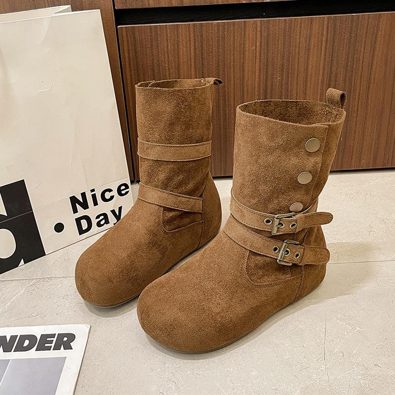 Wear Versatile New Belt Buckle Martin Boots with Soft Bottom for Inner Height Increase, Short Boots for Women, Thin Suede, Retro and Casual Two.