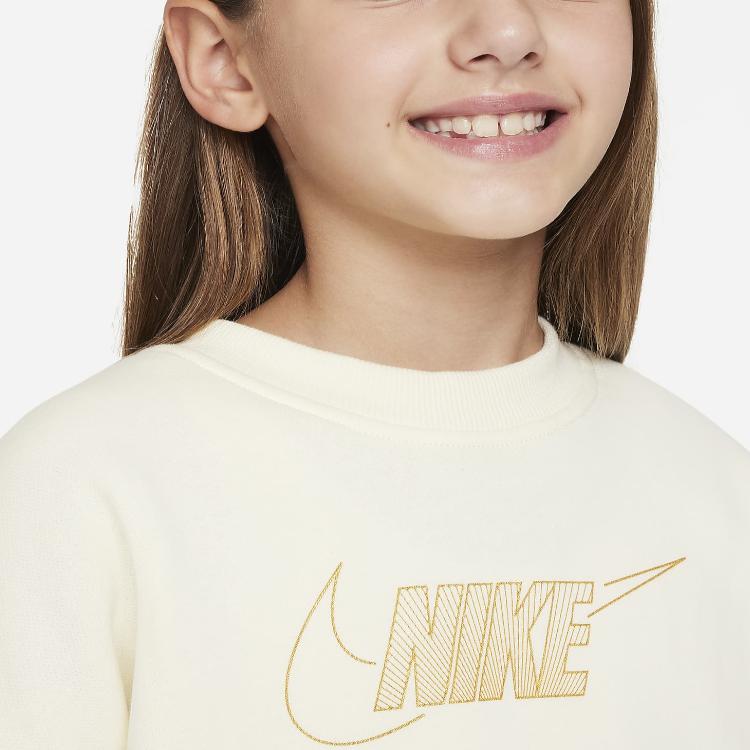 Nike Sportswear Club Fleece Logo Print Crewneck Loose Fit Long Sleeve Kids tops Coconut FJ6161-113