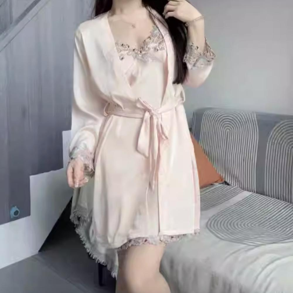 Set Pigiama Sexy da Donna 5 Pezzi Morbido Seta Ghiacciata Manica Lunga Accappatoio Set Accappatoio Taglie Forti Loungewear Pigiami