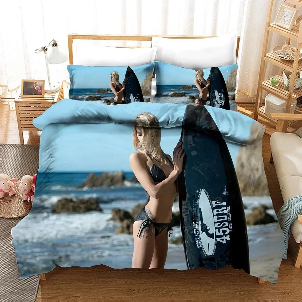2025 New 3D Print Beach Surfing Bedding Set Scenery Comforter Fashion Modern Duvet Cover Set Home Textile Queen Single Size