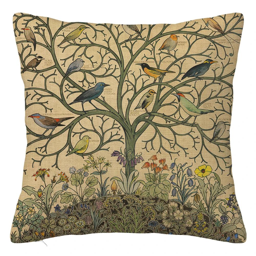 Branch Bird Flower Linen Pillowcase Sofa Cushion Cover Home Decoration Can Be Customized for You 40x40 50x50 60x60 45x45