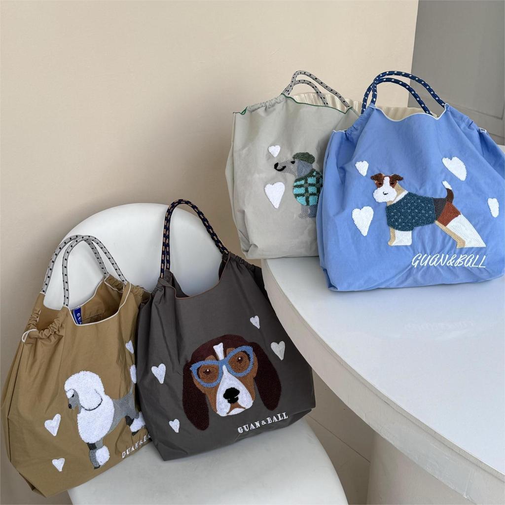 2024 Japanese-Style Cute Dog Embroidered Nylon Eco-Friendly Shoulder Shopping Bag