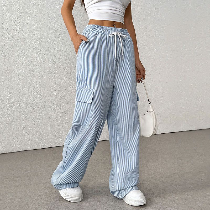 

Fashion Women Trousers Ladies Pants Stripe Lace-up Thin Wide Leg Cargo Pants women Blue L