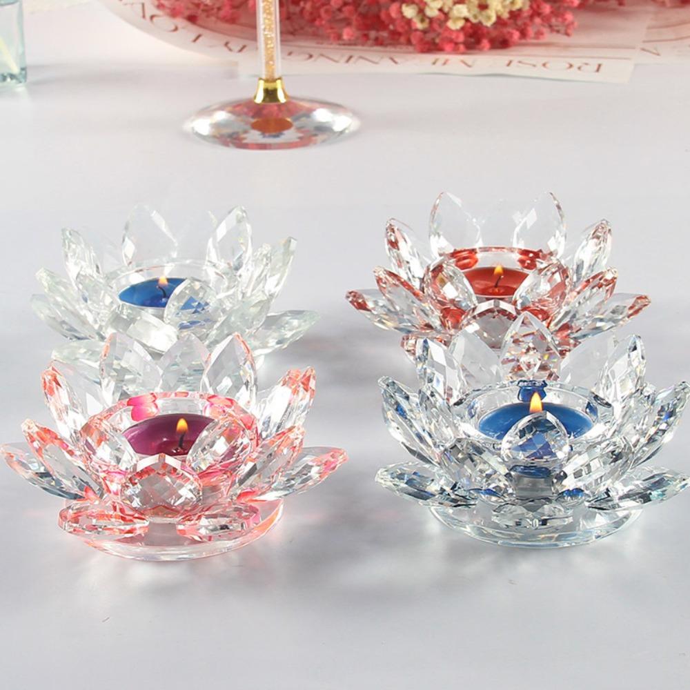 New Lotus Candle Holder Crystal Clear Figurines Tealight Candlestick Home Ornament Glass Everlasting Lamp Base Party Decor